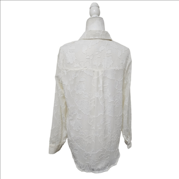 Pretty Garden Romantic Sheer Chiffon Textured Blouse Button Down Cream Small - Picture 6 of 16
